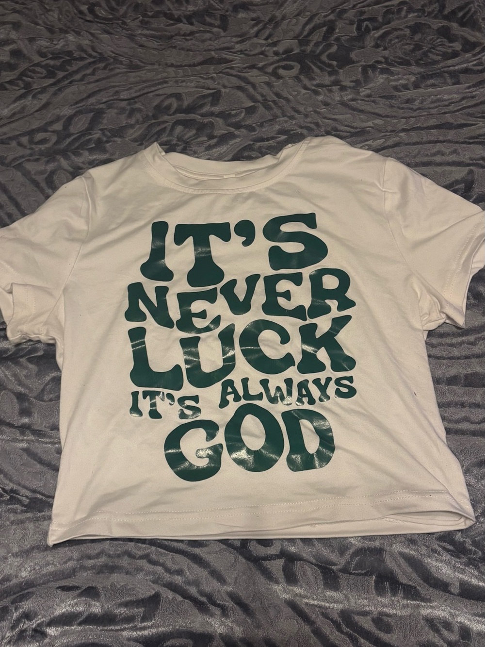 White Graphic Tee with Green Slogan